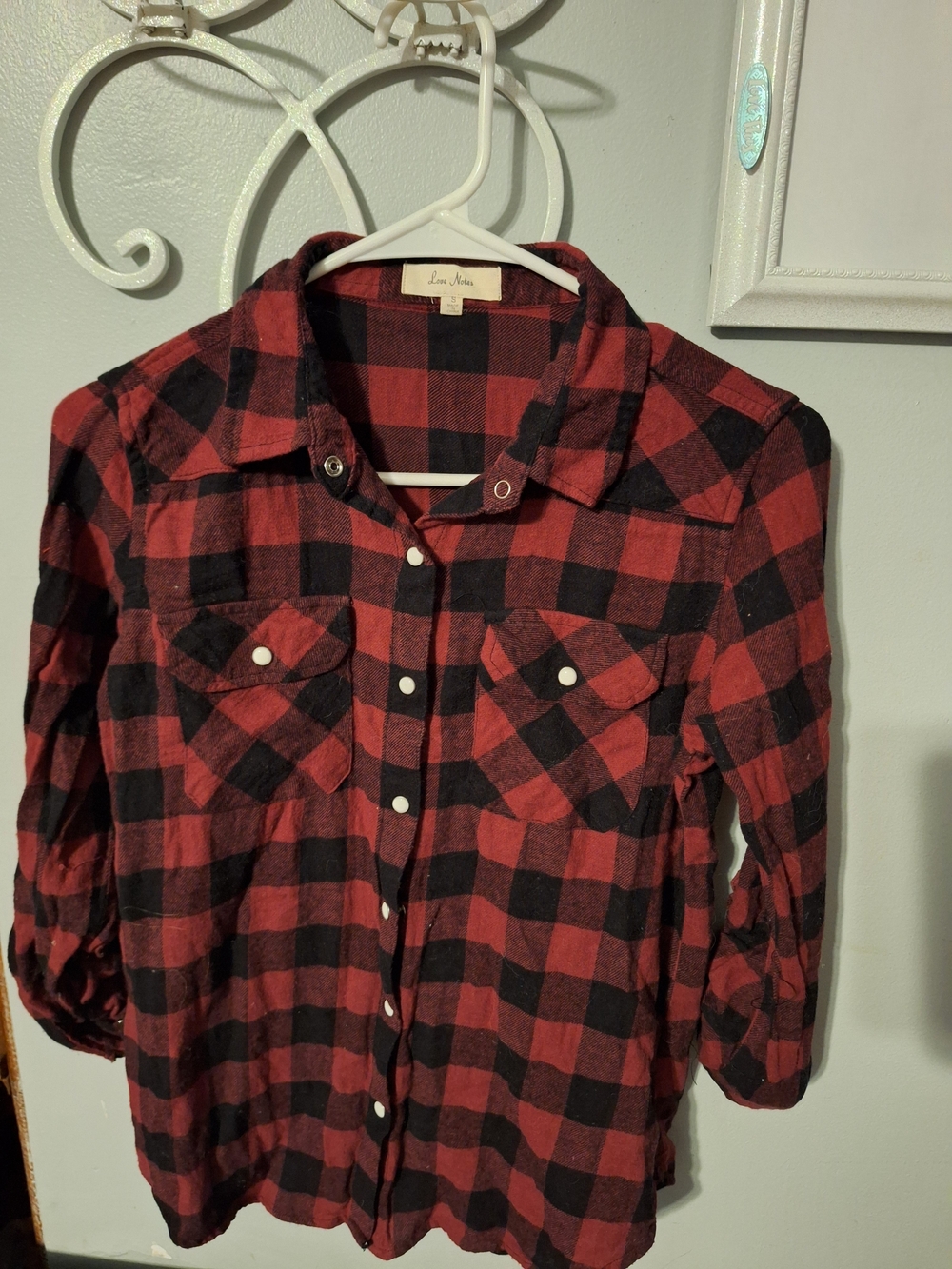 Love Notes Burgundy and Black Plaid Shirt Going To Charity Soon